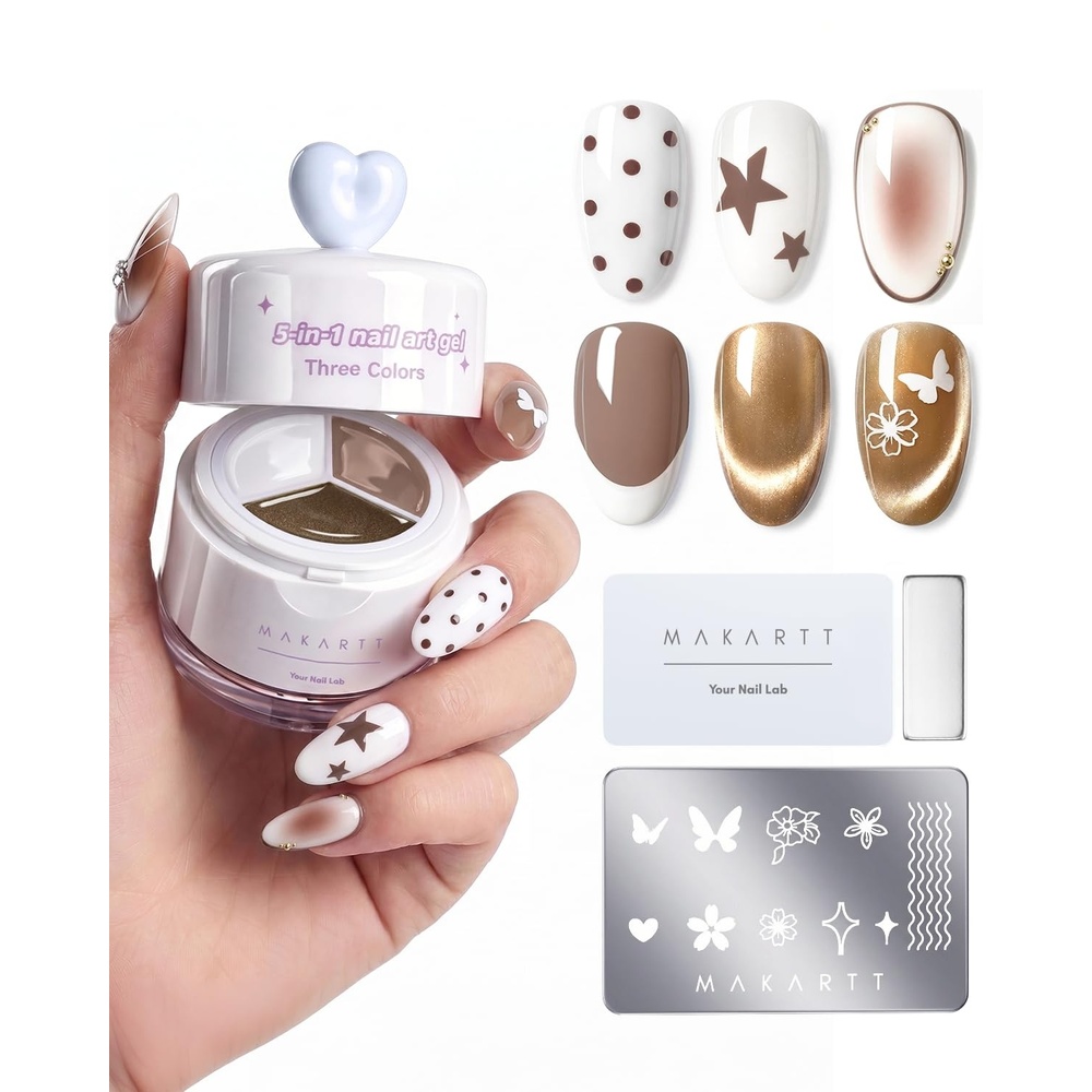 image:imageMakartt ColorPot 5in1 Nail Art Gel 3 Colors Gel Nail Polish No Wipe with Nail Stamp for Stamping Ombre Patting Painting Sculpting amp French Tips with Silicone Head for Manicure Home DIY SalonMocha Latte